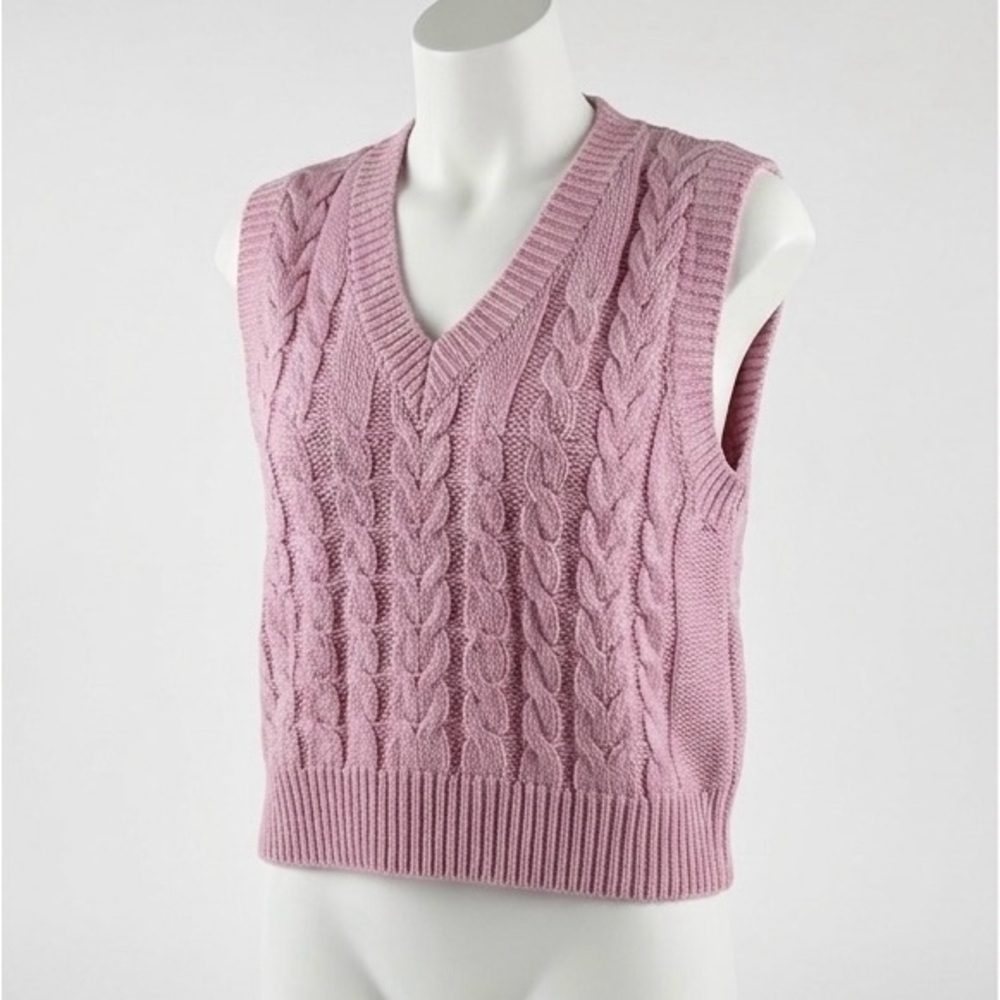 Shekou Pink Cable Knit V Neck Sweater Vest Women’s S Preppy Boho